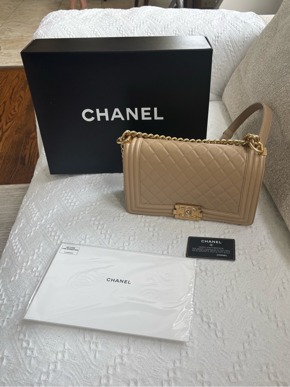 CHANEL small Beige Quilted Boy Bag with Gold Chain Shoulder Strap